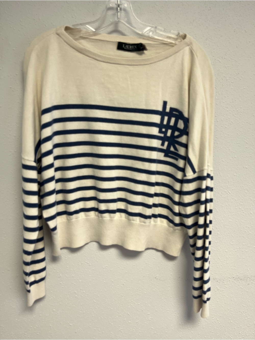Lauren Ralph Lauren Cream and Navy Striped Boatneck Sweatshirt